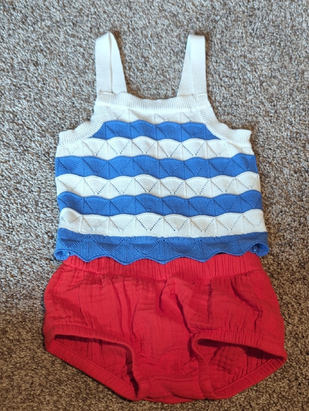 Striped Blue & White Knit Tank with Red Cotton Shorts